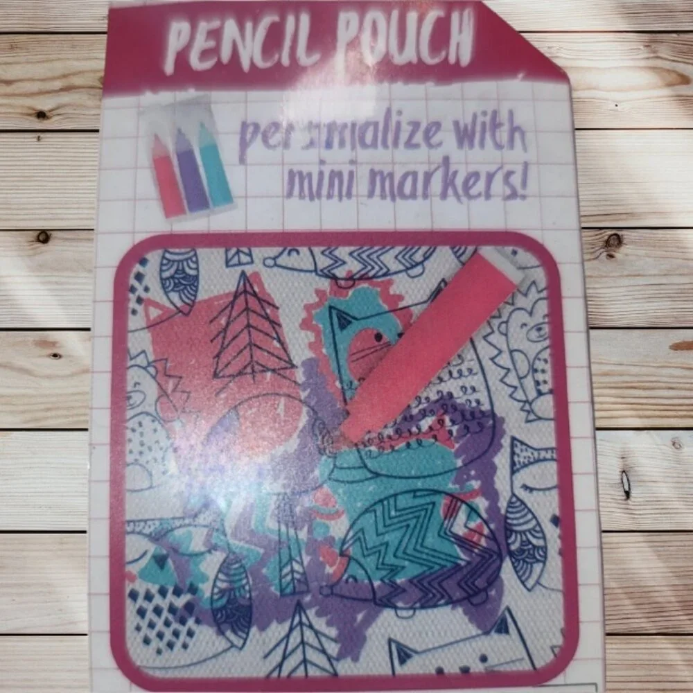 Lot of 2 - Color Your Own Pencil Case Pouch Zipper Bag - Cats, Owls, Hedgehogs